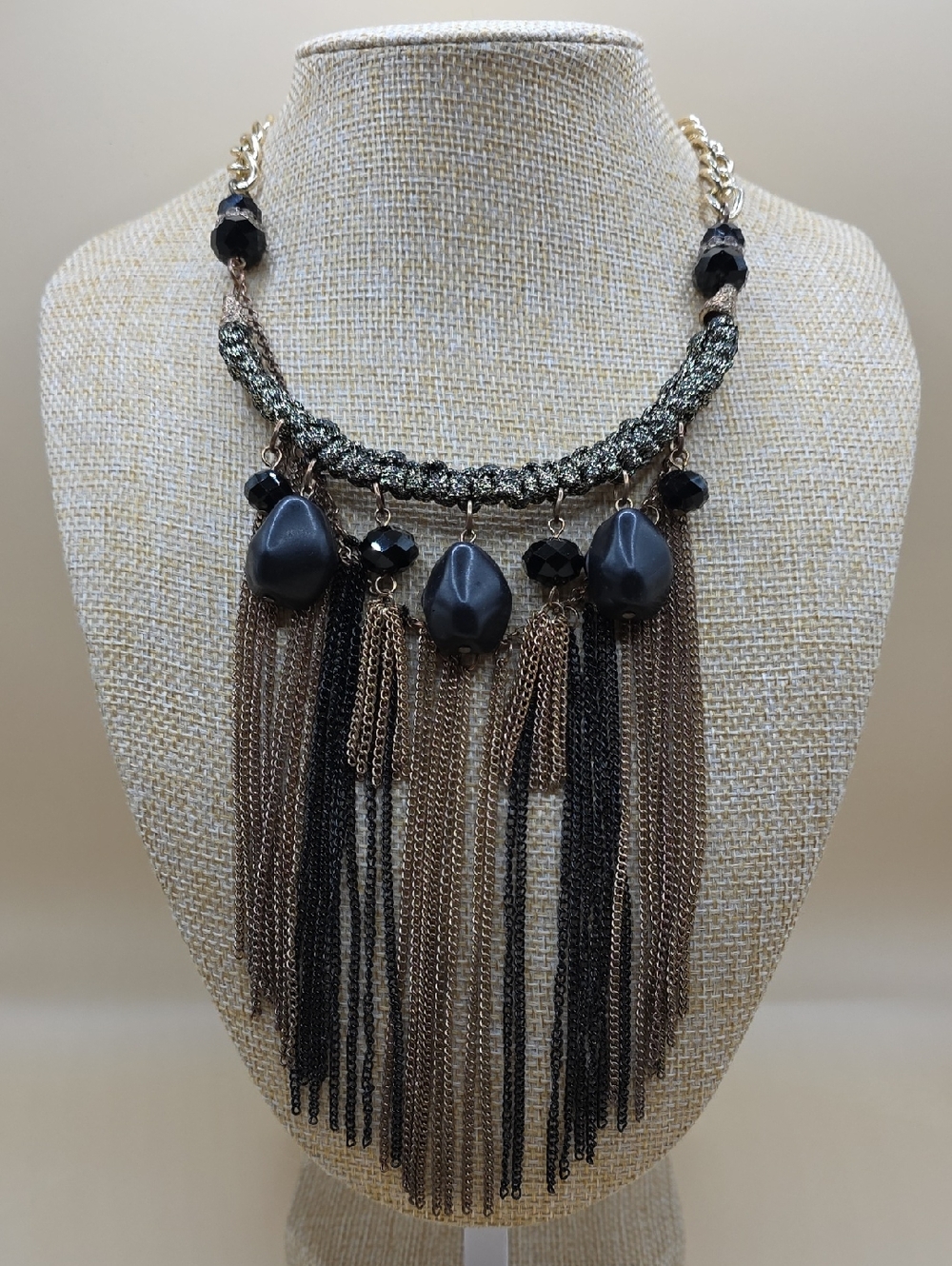 Black and Gold Mixed- Media Fringe Necklace